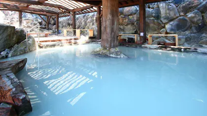 足元湧出の源泉の湯と3つの湯処が自慢の宿で、阿蘇の食と自然を満喫